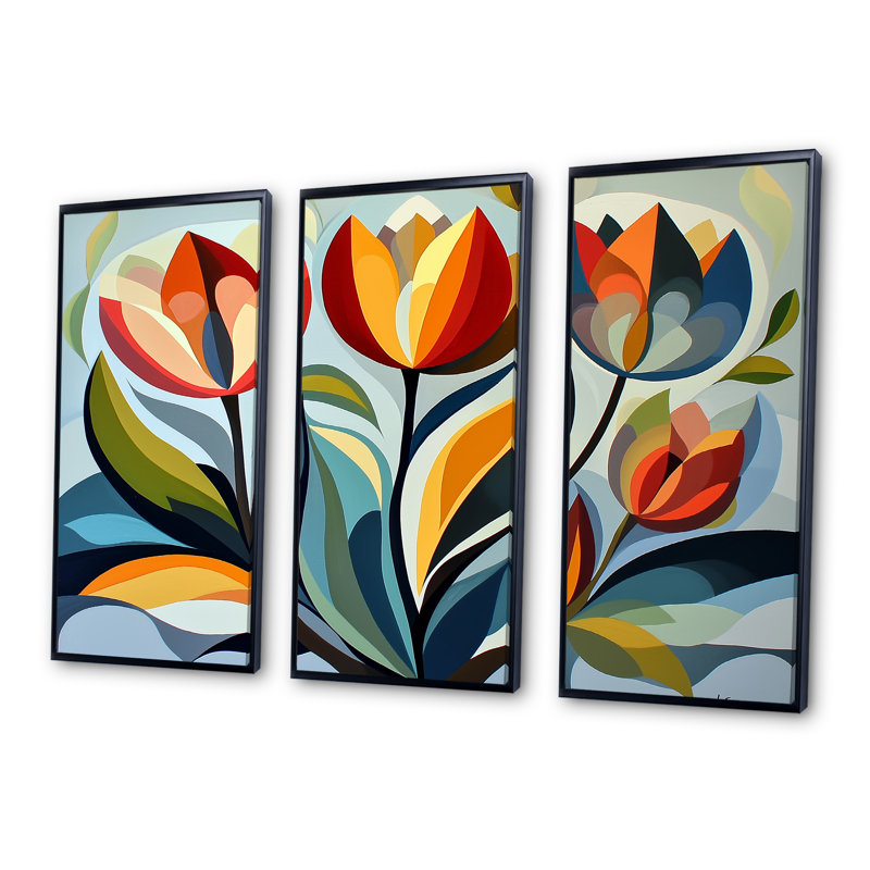 «Green Mid Century Mod Nature Tulip I», ensemble de décorations murales abstraites de style Mid-Century
