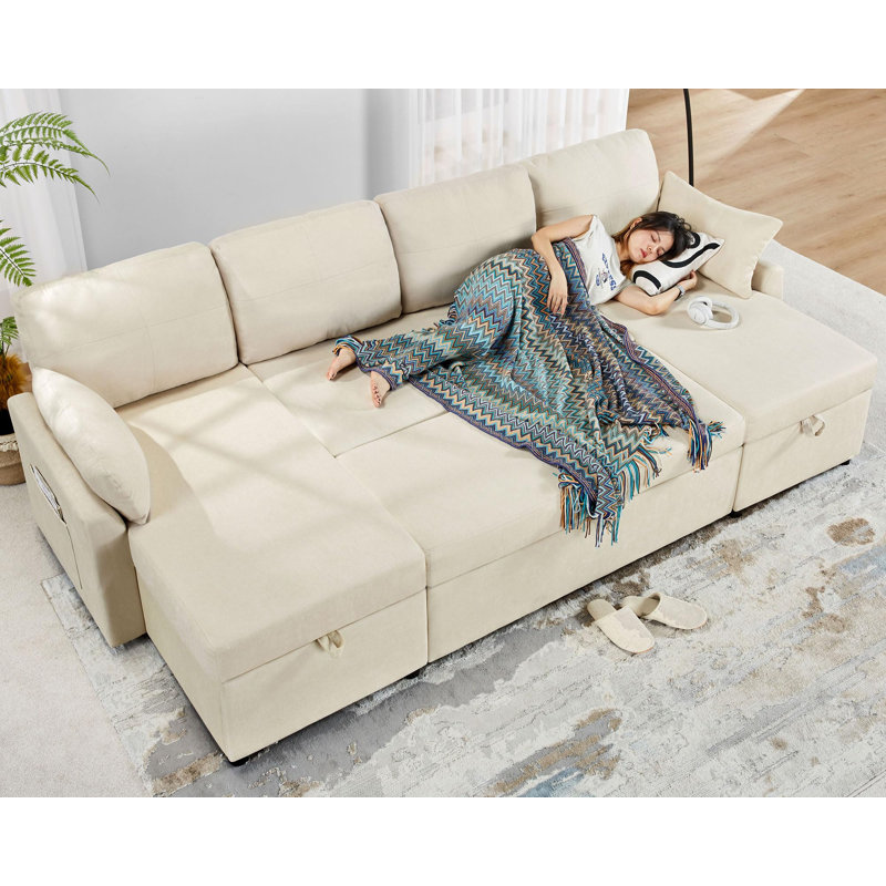 110-Inch Beige Chenille Sectional Sleeper Sofa with Storage Chaise