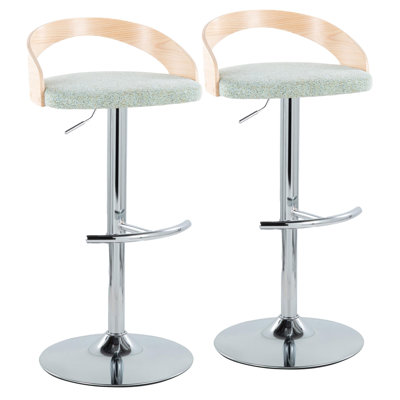 Tabouret de bar pivotant et réglable contemporain, 48 x 44 x 99 cm, en tissu, acier chromé et bois, vert, avec assise réglable de 64 à 85 cm et dossier bas incurvé.