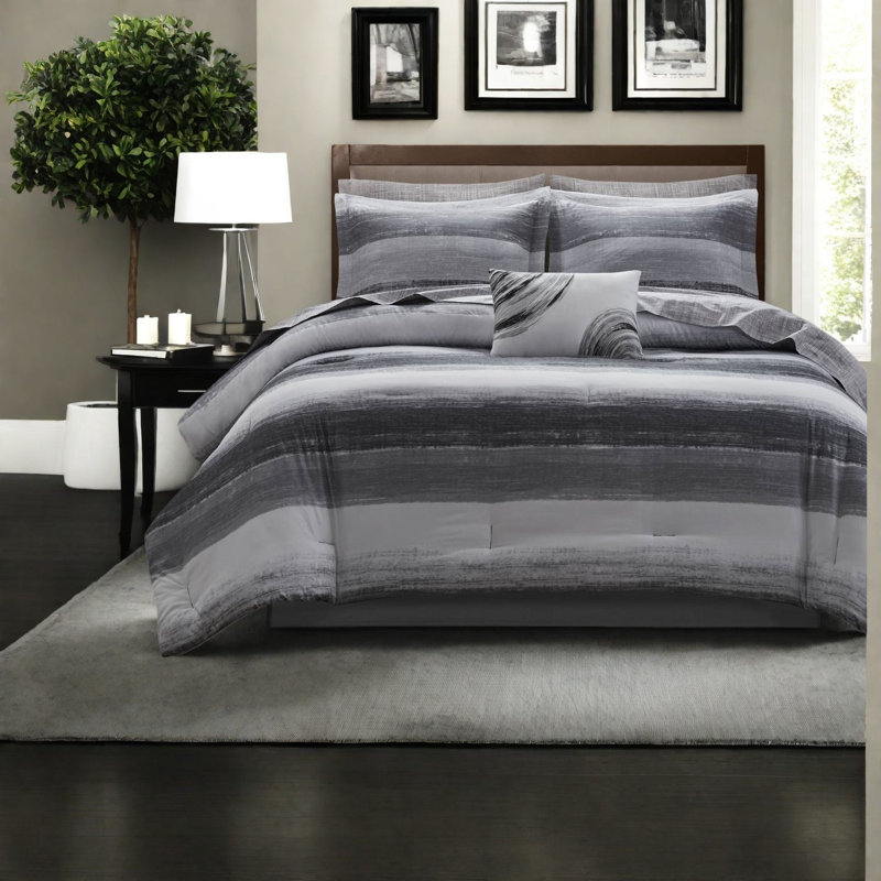 Premium Queen Microfiber Bedding Sets, Modern Black Stripe Home Comfort