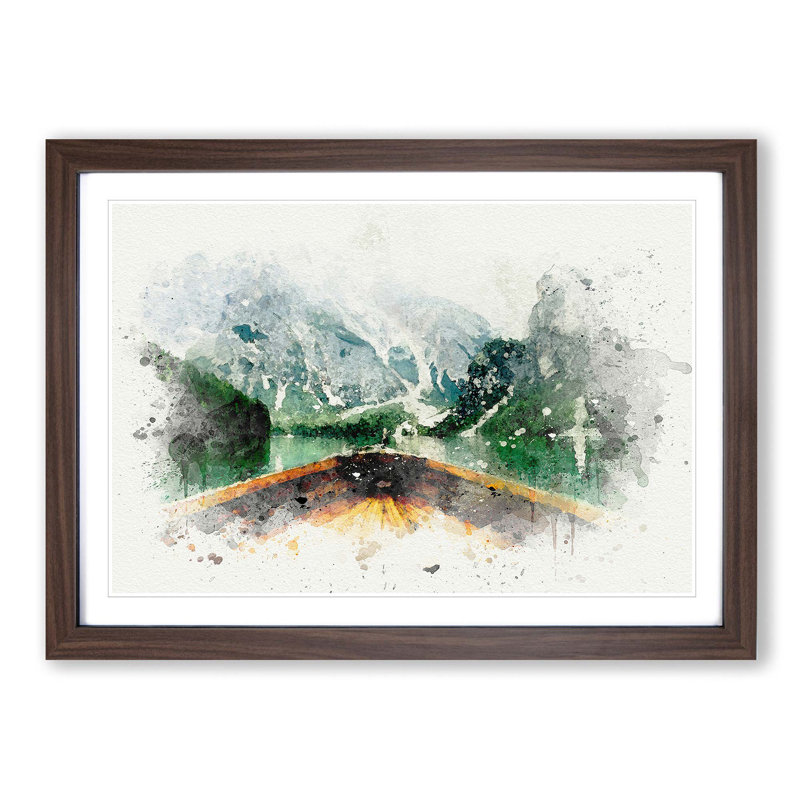 Boat in Lago Di Braies Italy in Abstract - Picture Frame Painting Print, Walnut Framed, 27cm H x 36cm W x 2cm D