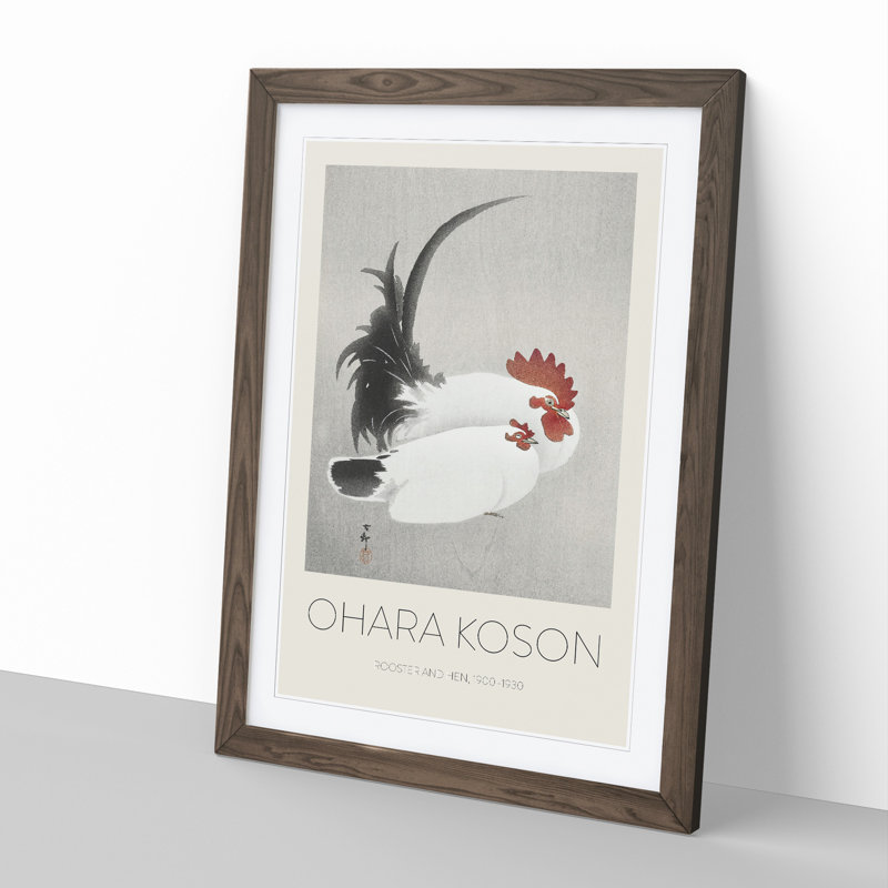 White Rooster & Hen by Ohara Koson - Picture Frame Art Prints, 36cm H x 27cm W x 2cm D, Walnut Framed
