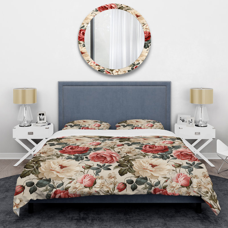 Ensemble de housse de couette rose et beige à motif de treillis antique III