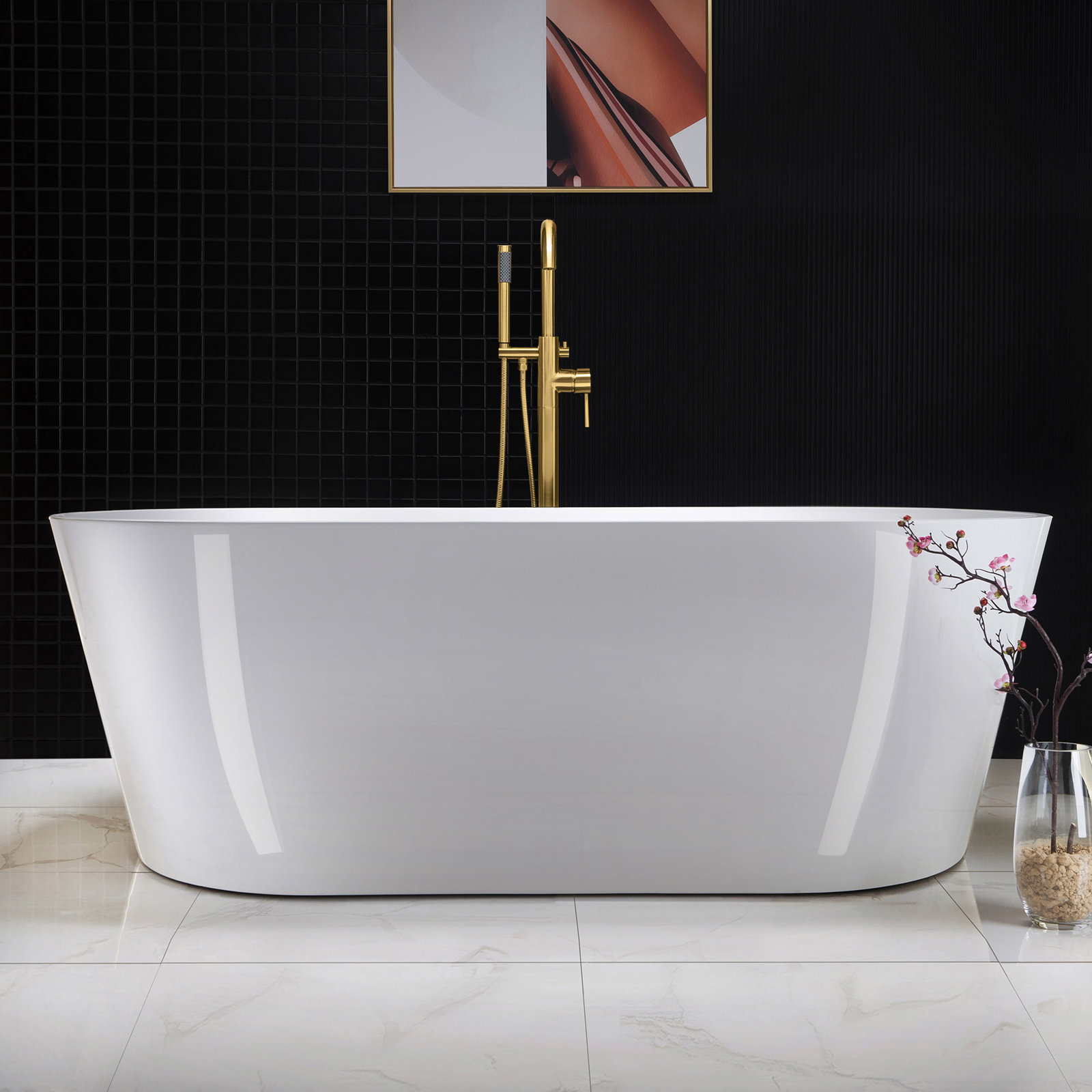 Cove 67" Freestanding Soaking Acrylic Bathtub, Brushed Gold, White