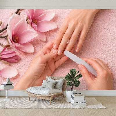 Peel and Stick Wallpaper Manicure Spa Nail Care Process Pink Flower Relaxing Wellness Aesthetic Wall Murals 69"H x 96"W Removable PVC Wall Paper Self-Adhesive Wall Decor for Bedroom Living Room Home Office