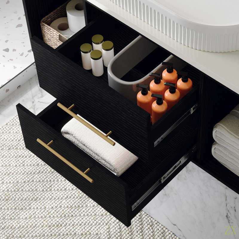 Modern 39.4-In Wall-Mounted Bathroom Vanity With Oval Ceramic Sink Floating Vanity Multi-Layer Solid Wood Cabinet Soft-Close Drawers Open Shelf Storage