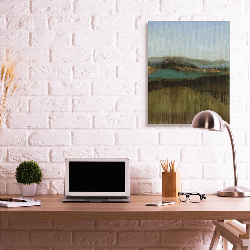 Abstrait au loin, paysage de montagnes bleues par Ruth Fromstein - Peinture, Toile tendue, H 40 po x l 30 po