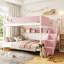 Lit double superposé au-dessus de grand lit double avec escalier à rayures et tablettes latérales, rose-952675850