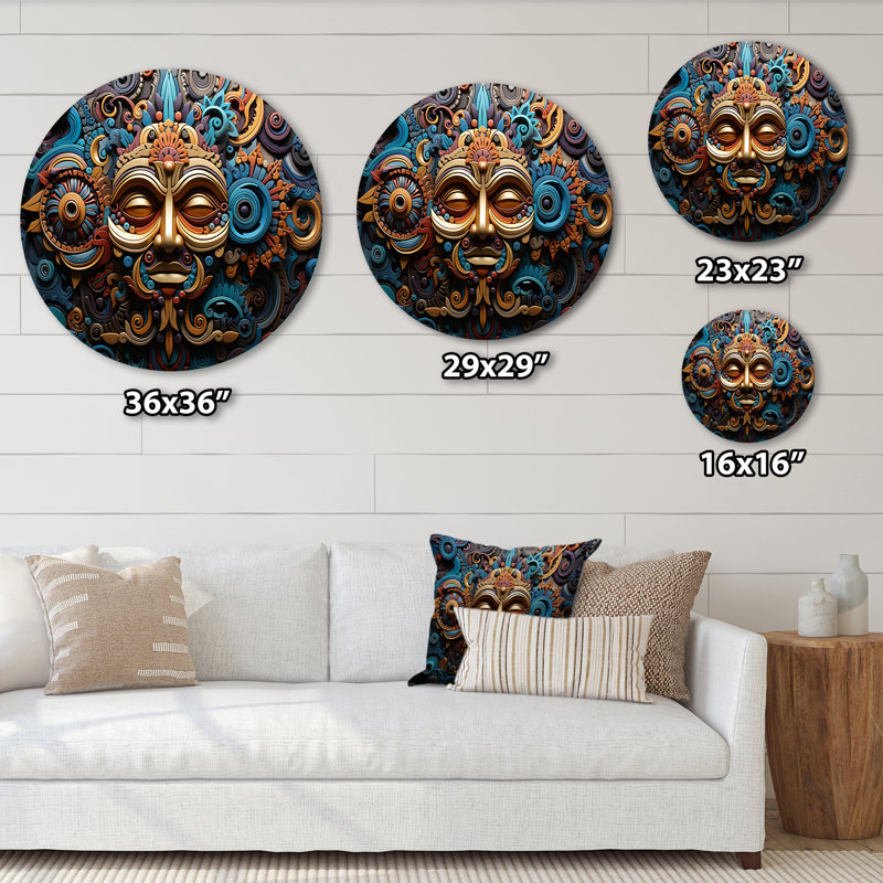 Masque aztèque vibrant I / Teal Mexico, H 16 po x l 16 po
