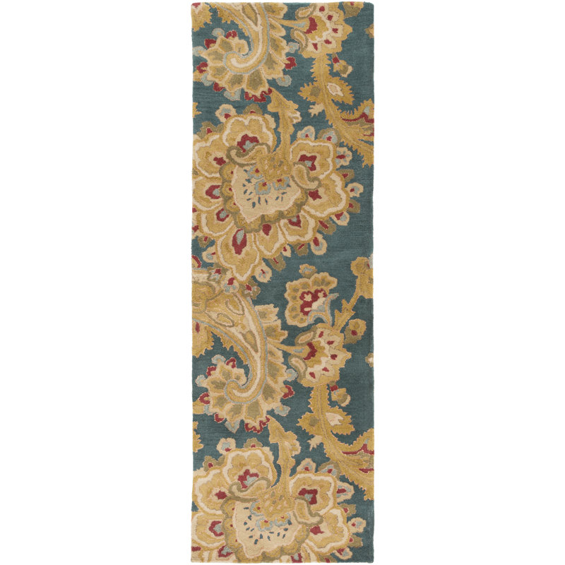 Tapis décoratif bleu sarcelle/brun Touffeté à la main à motif floral Busch, Tapis de couloir 2 pi 6 po x 8 pi
