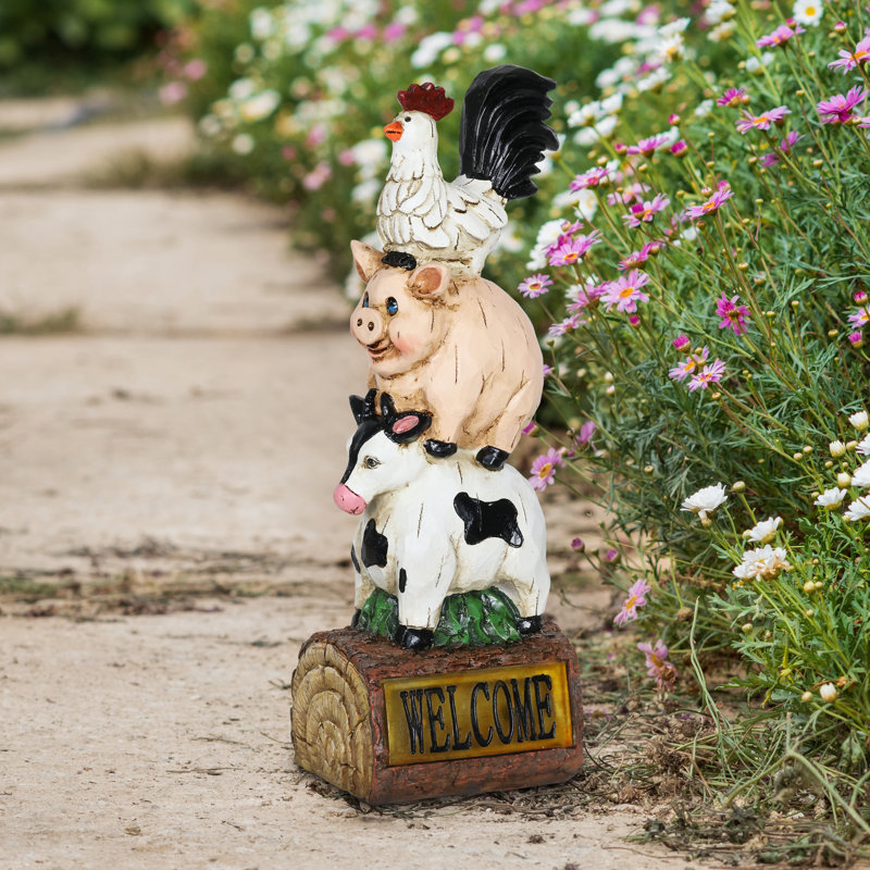 Solar Stacked Farm Animals Resin Garden Statue with LED Light