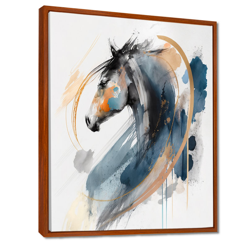 «Black Horse Side Portait II», art mural cheval, H 32 po x l 24 po, Cadre flottant brun