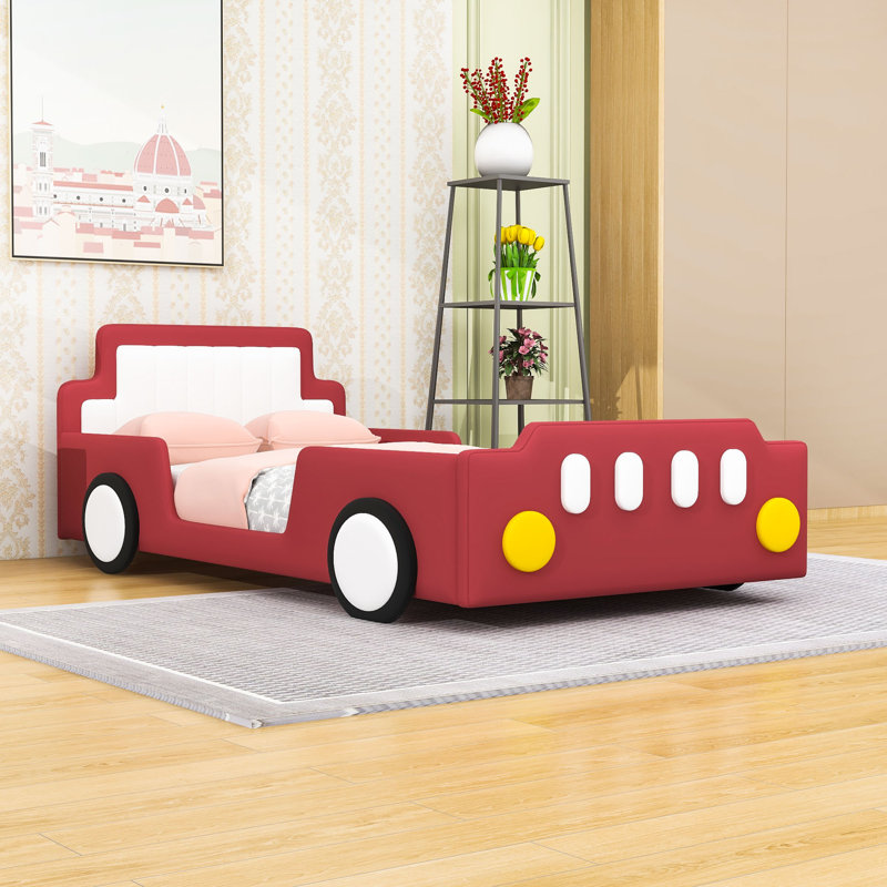 Twin Size Race Car-Shaped Platform Bed With Wheels And Slats, Red