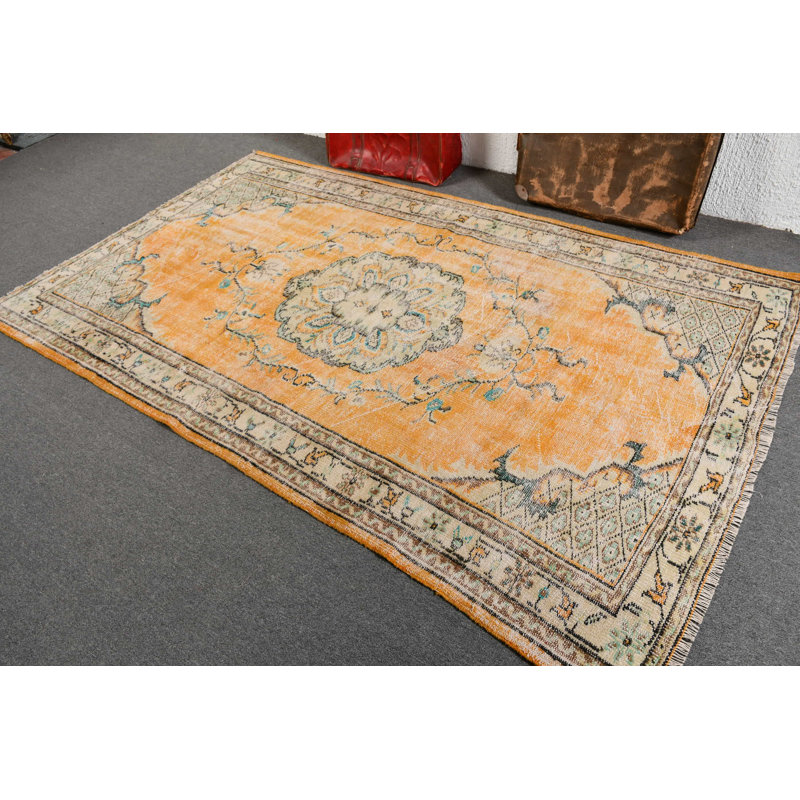 Grand tapis turc jaune tissé à la main Oushak idéal pour rehausser le décor de la chambre à coucher et créer un espace invitant dans votre maison