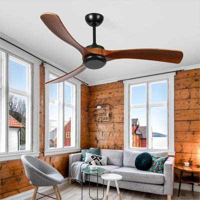 Ventilateur de plafond avec métal noir et bois naturel et bois, commande à distance et circulation d'air saisonnière