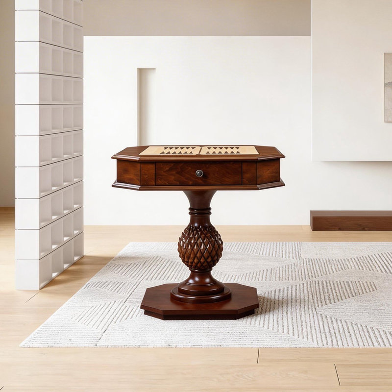 Table de jeu à caisson en bois Kasparov avec plateau de backgammon et tiroir de rangement, finition noyer cerise