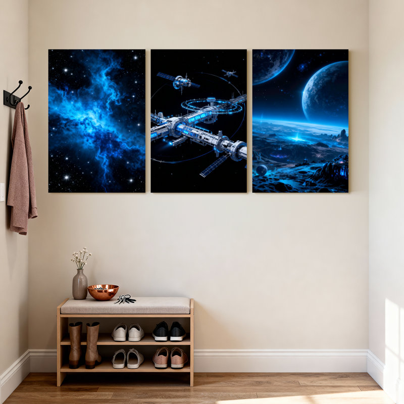 Abstrait station spatiale nébuleuse, planète cosmos, étoiles galaxies, ensemble de 3 impressions sur toile, H 18 po x l 36 po