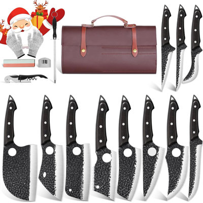 17PCS Butcher Knife Set with Bag, High Carbon Steel BBQ Knife Set for Meat Cutting, Hand Forged Serbian Chef Knives for Man Home & Outdoor Cooking,Fat