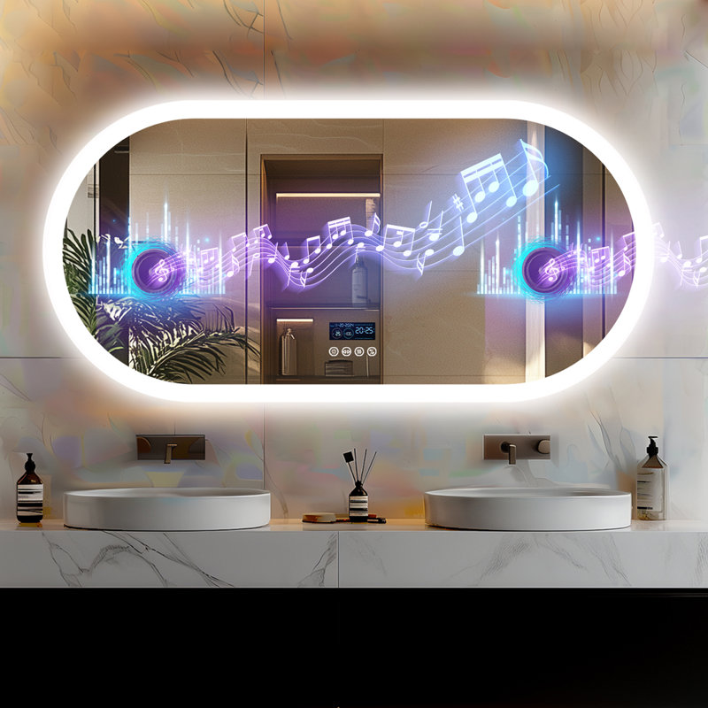 Oval Bathroom Mirror With Led Lights And Built-in Bluetooth Speaker, Time Temperature Display Unit - Smart Lighted Vanity Makeup Wall Mounted Mirrors - 3 Lights Setting Anti-fog Dimmable Ip56