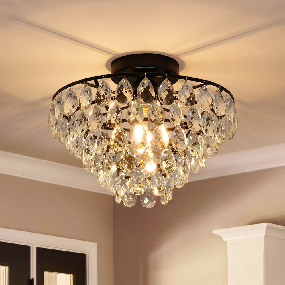 Lustre Cristal Semi-encastré Or 50 Cm - Lumière LED Réglable Pour Salon, Salle à Manger