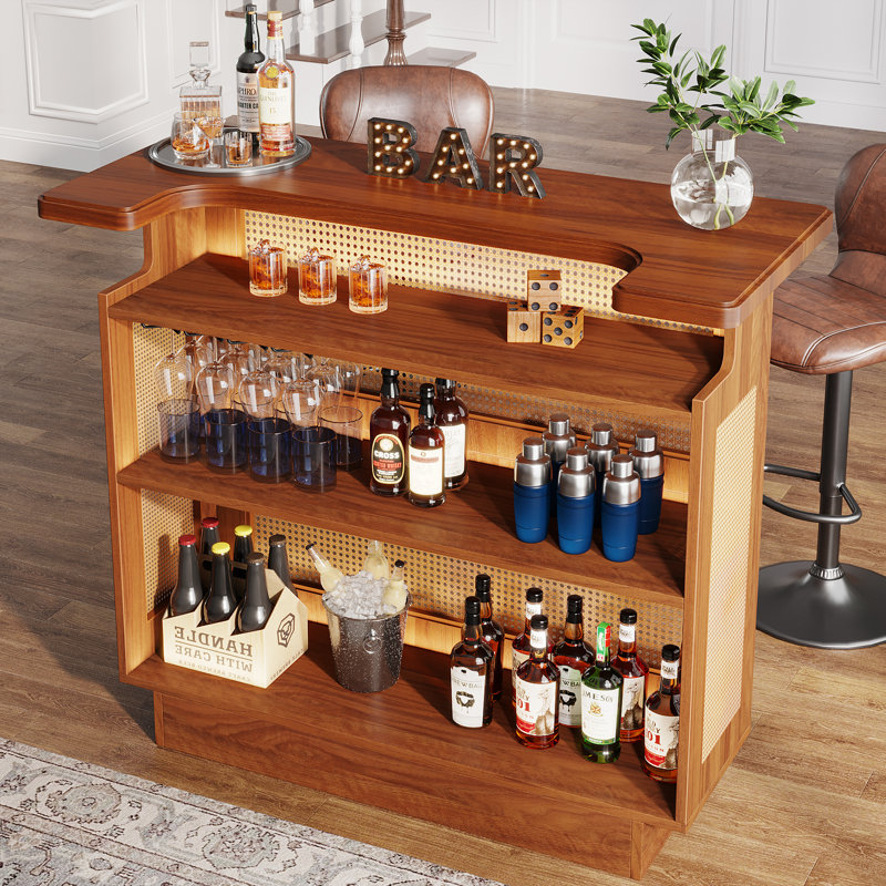 Farmhouse 4-Tier Home Bar Unit, Liquor Bar Table Cabinet, Rattan Brown