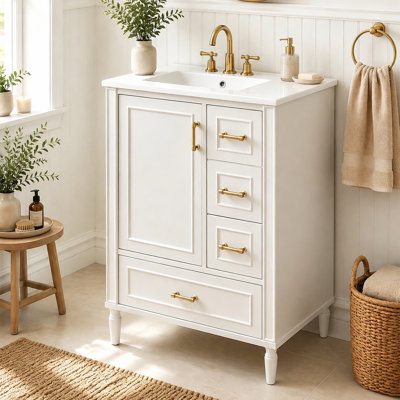 Meuble-lavabo 24 po avec lavabo en céramique, armoire de rangement autoportante avec 3 tiroirs et porte, portes à fermeture douce, poignées dorées