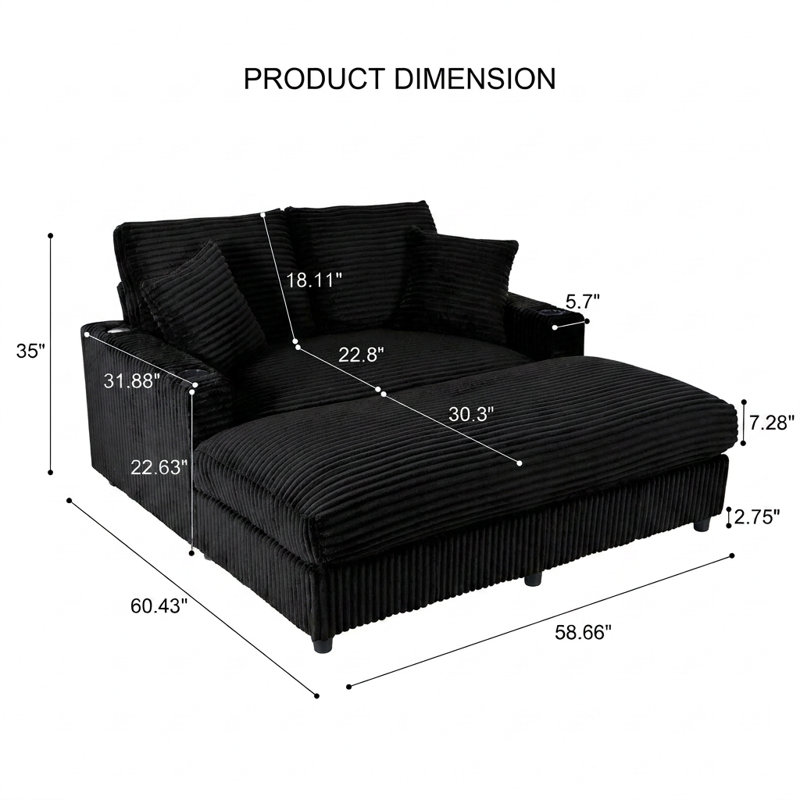 Canapé 64 po Corduroy Sleep avec ports USB et porte-gobelets, Noir