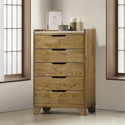 Transitional Brown Finish Bedroom Storage Chest With 5X Drawer Solid Rubberwood Furniture 1Pc