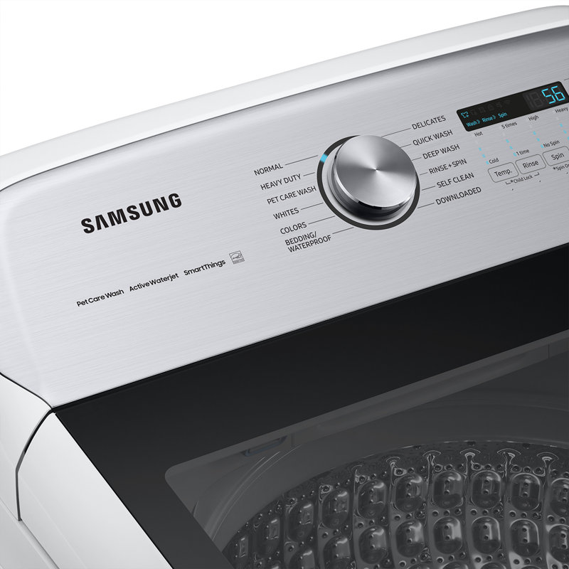 Samsung 5.4 cu. ft. Top Load Washer with 7.4 Cu. Ft. Dryer with Steam Santize+, White, Natural Gas