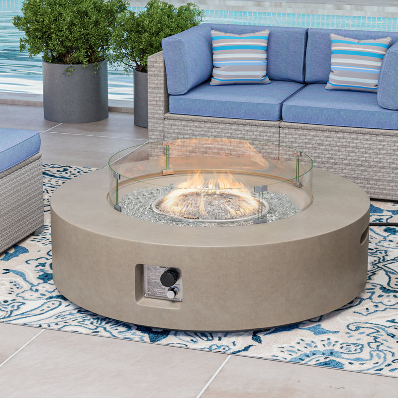 Outdoor Concrete Propane Fire Pit Table, Brown/Grey Fire Glass