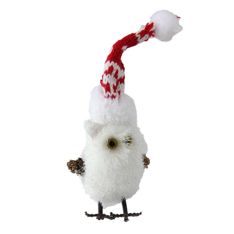 Figurine de Noël 6 po Hibou blanc et rouge en chapeau nordique avec ailes de brindilles