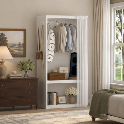 Armoire métallique autoportante avec rideau transparent et tringle amovible pour une organisation efficace des vêtements dans la chambre