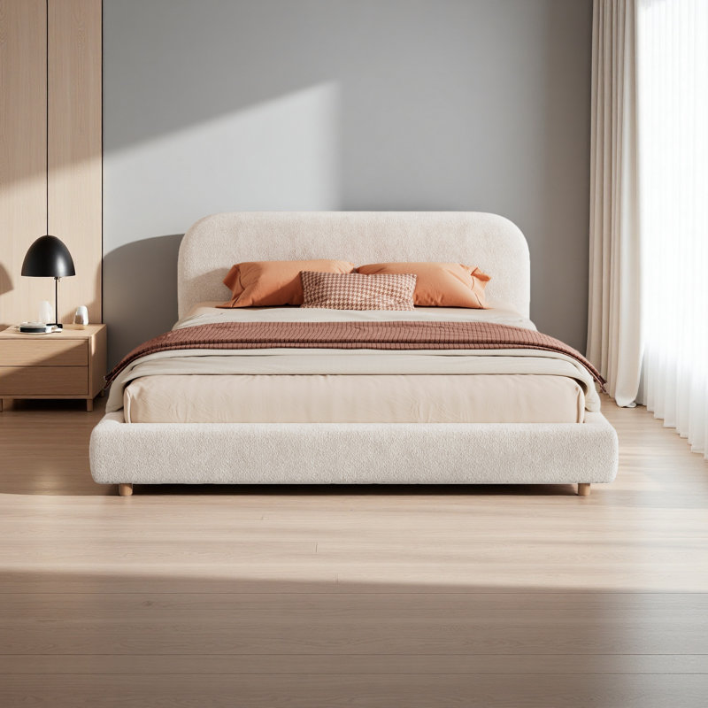 Lit tapissier très grand avec tissu bouclé, tête de lit épaisse au design incurvé, pieds en bois massif, Blanc
