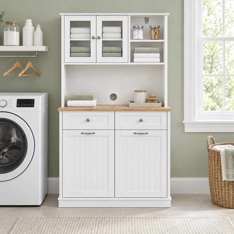 Armoire de cuisine de 172 cm (67,7 po) de hauteur avec portes vitrées, tiroirs et poubelle basculante de 75 litres (20 gallons) - Style campagnard - Blanc