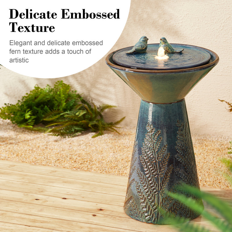Two Birds Embossed Plant Pattern Pedestal Ceramic Fountain With Light, Turquoise
