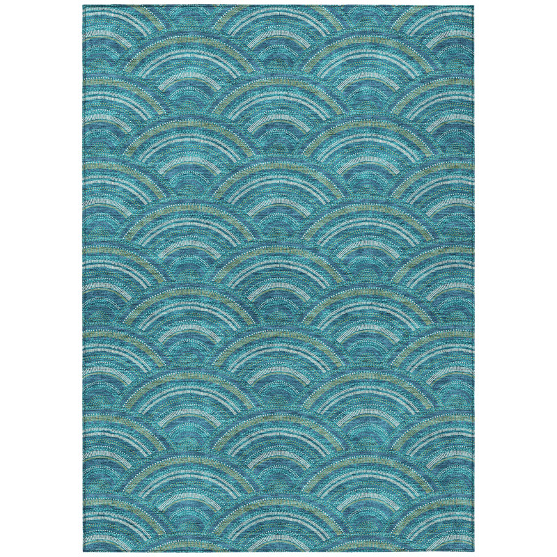 3' X 5' Teal Blue Fern Green And Ivory Geometric Washable Indoor Outdoor Area Rug