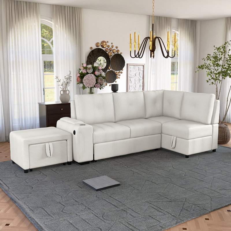 Canapé modulaire en forme de L 94 po avec lit escamotable, repose-pieds, ports USB et grand espace de rangement 94 po