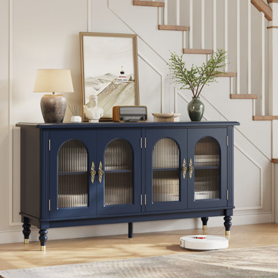 Buffet 59 "Mid-Century avec 4 portes en verre arquées, armoire de rangement avec cafetière en bois Vintage, bleu