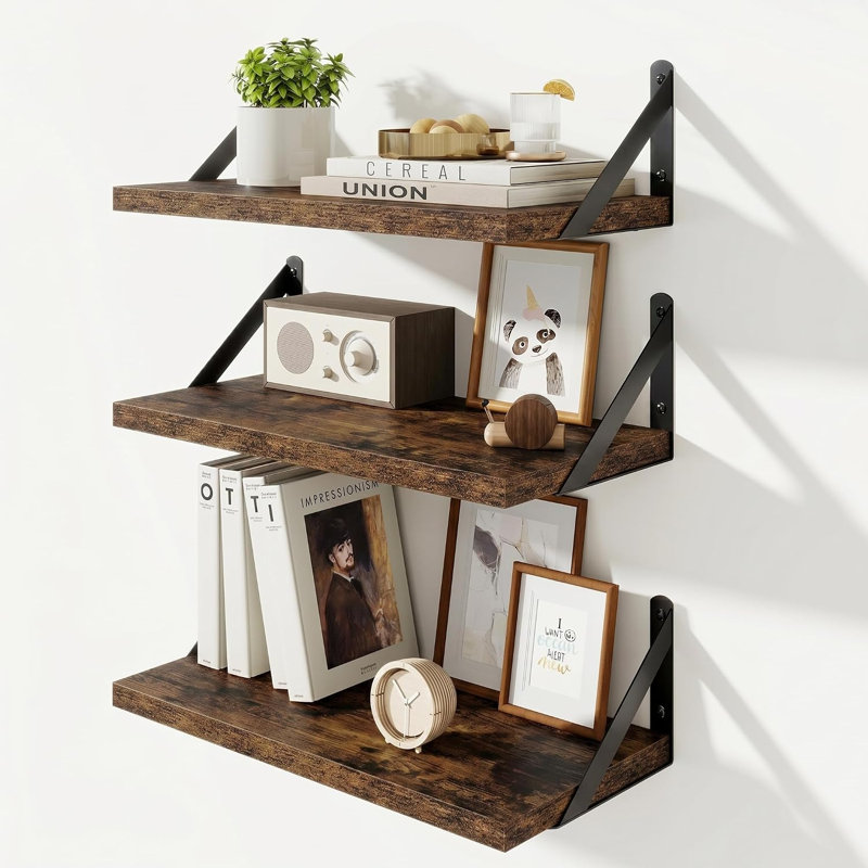 3 Piece Wood Floating Shelf, Rustic Brown