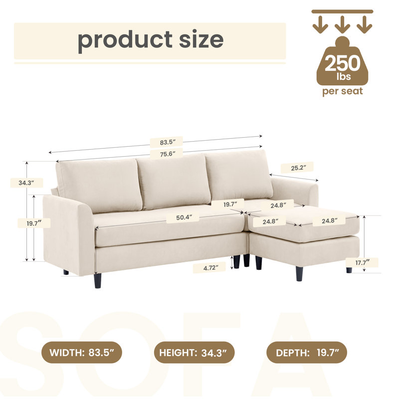 Lyles 83.5" L-shape Sectional Sofa With Armrest And Moveable Ottoman Black Legs Seater For 4, Beige Fabric