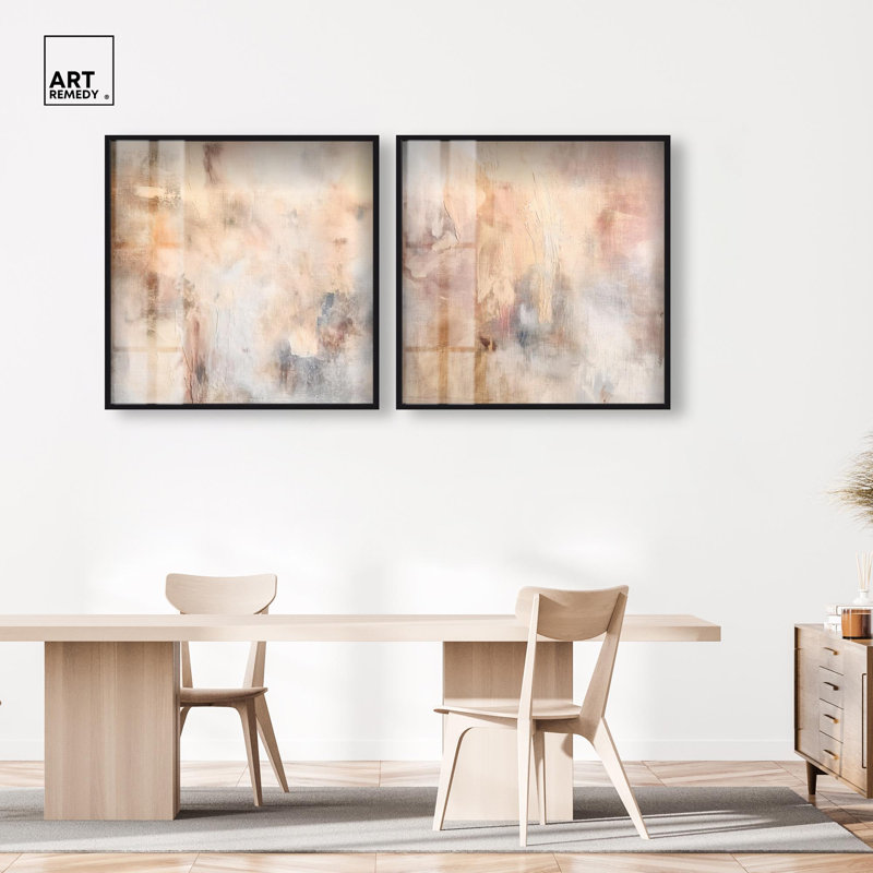 Smeared Codex Duet Shadowbox Print Neutral Wall Decor Set by Art Remedy, Black Frame, 12 x 12, 41" H x 41" W, Black Frame