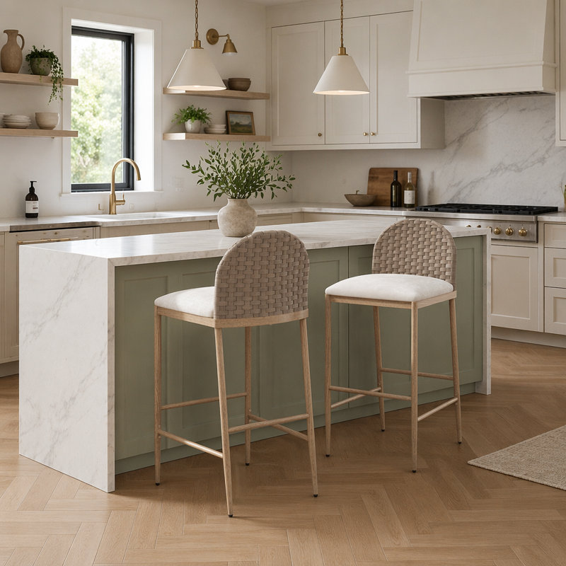 Ensemble de 2 tabourets de bar 29,5 pouces Farmhouse Farm, avec dossier en rotin tissé à la main pour la cuisine et la salle à manger, brun et beige