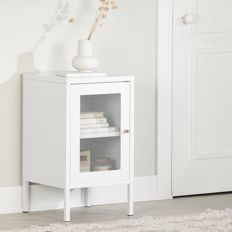 White Metal End Table with Perforated Mesh Door and Storage