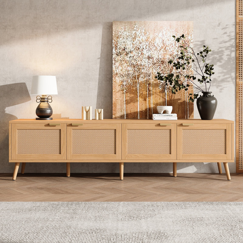 Meuble télé moderne de 70 pouces avec portes, rangement pour téléviseurs de 80 pouces, console multimédia avec gestion des câbles et pieds robustes. Parfait pour le salon. Portes et centre spacieux.