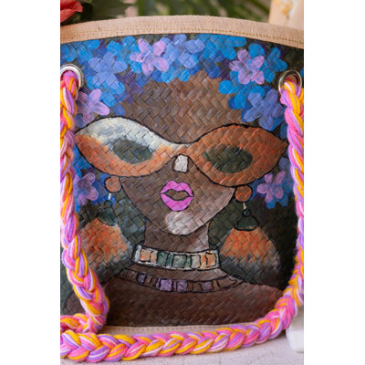  Hand-Painted Seagrass Bag Girl with Sunglasses