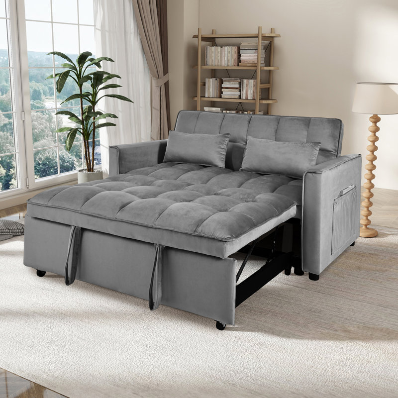 Canapé-lit convertible multifonctionnel avec dossier inclinable, coussins et rangement, idéal pour le salon, la maison ou le bureau