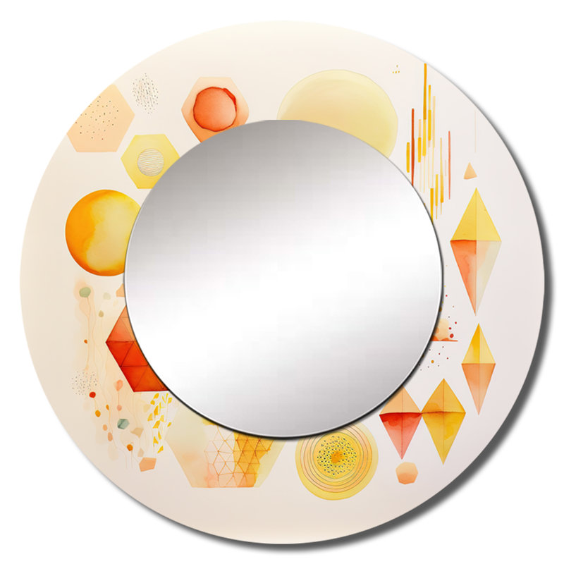 Priscilia jaune multi forme abstraite II - miroir géométrique, miroir mural rond décoratif moderne, art imprimé en métal