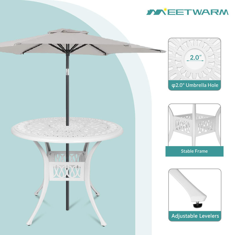 Round Outdoor Dining Table With Umbrella Hole , 35.4'' in. W 35.4'' in. D, White