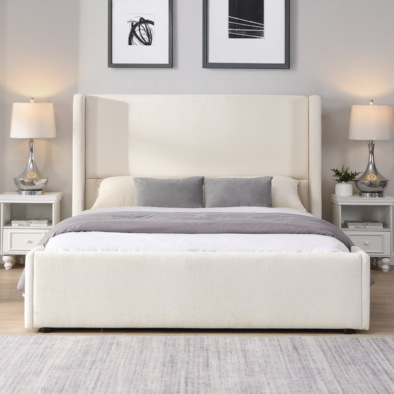 Upholstered Bed, Wingback Bed with Tall Headboard, Queen