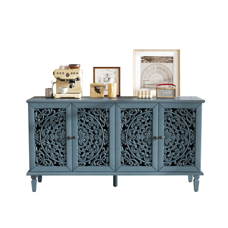 60" Antique Buffet Cabinet With Floral Carvings With Adjustable Shelves, Tv Stand For 65" Tv, Antique Blue